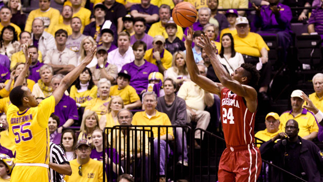 Jan 30, 2016; Baton Rouge, LA, USA; Oklahoma Sooners guard Buddy Hield (24) shoots over LSU Tigers guard Tim Quarterman (55) during the first half of a game at the Pete Maravich Assembly Center. Photo Credit: Derick E. Hingle-USA TODAY Sports