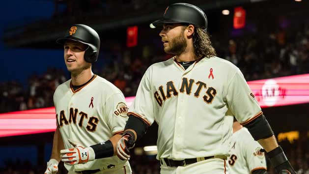 May 15, 2017; San Francisco, CA, USA; San Francisco Giants catcher Buster Posey (28) and shortstop Brandon Crawford (35) after scoring runs against the Los Angeles Dodgers during the fourth inning at AT&T Park. Photo Credit: Kelley L Cox-USA TODAY Sports