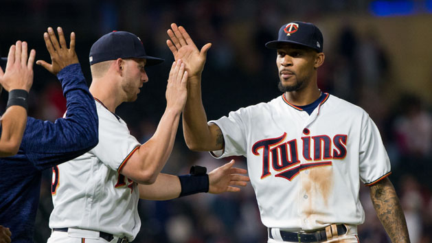 May 15, 2018; Minneapolis, MN, USA; Minnesota Twins outfielder Byron Buxton (25) celebrates after the game against St Louis Cardinals at Target Field. Photo Credit: Brad Rempel-USA TODAY Sports