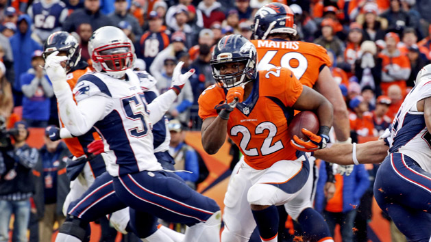 Jan 24, 2016; Denver, CO, USA; Denver Broncos running back C.J. Anderson (22) in action during the game against the New England Patriots in the AFC Championship football game at Sports Authority Field at Mile High. Mandatory Credit: Kevin Jairaj-USA TODAY Sports