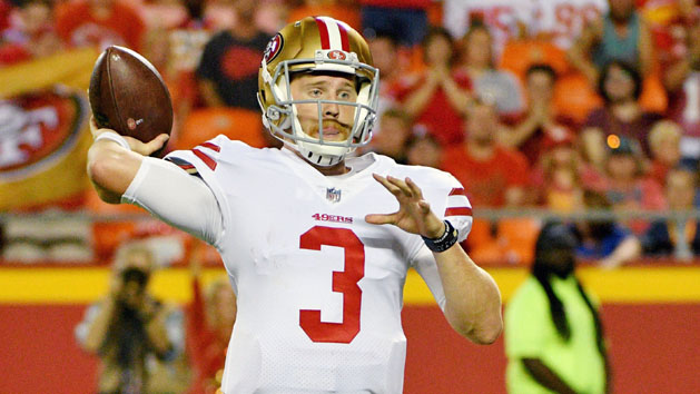 Aug 11, 2017; Kansas City, MO, USA; San Francisco 49ers quarterback C.J. Beathard (3) throws a pass during the second half against the Kansas City Chiefs at Arrowhead Stadium. Photo Credit: Denny Medley-USA TODAY Sports