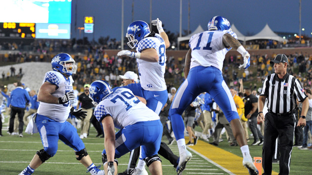 Oct 27, 2018; Columbia, MO, USA; Kentucky Wildcats players celebrate after the win over the Missouri Tigers at Memorial Stadium/Faurot Field. Kentucky won 15-14. Photo Credit: Denny Medley-USA TODAY Sports