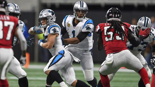 Sep 16, 2018; Atlanta, GA, USA; Carolina Panthers quarterback Cam Newton (1) fakes a handoff and runs against the Atlanta Falcons during the first quarter at Mercedes-Benz Stadium. Photo Credit: Dale Zanine-USA TODAY Sports