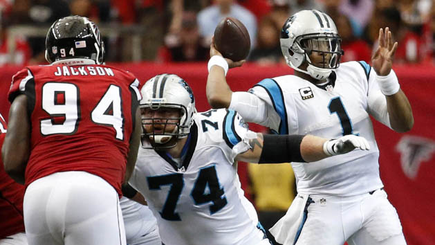Oct 2, 2016; Atlanta, GA, USA; Carolina Panthers quarterback Cam Newton (1) attempts a pass as tackle Mike Remmers (74) blocks Atlanta Falcons defensive end Tyson Jackson (94) in the first quarter of their game at the Georgia Dome. Photo Credit: Jason Getz-USA TODAY Sports