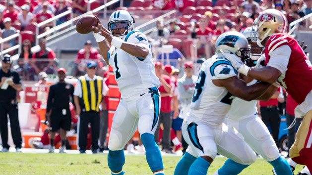 Jul 26, 2017; Spartanburg, SC, USA; Carolina Panthers quarterback Cam Newton (1) throws a pass during training camp held at Wofford College. Photo Credit: Jeremy Brevard-USA TODAY Sports