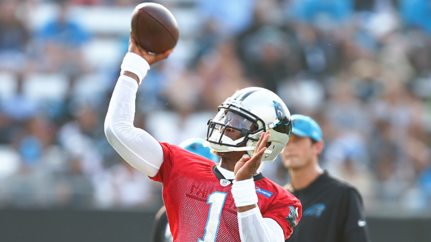 Jul 26, 2017; Spartanburg, SC, USA; Carolina Panthers quarterback Cam Newton (1) throws a pass during training camp held at Wofford College. Mandatory Credit: Jeremy Brevard-USA TODAY Sports