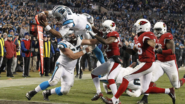 Jan 24, 2016; Charlotte, NC, USA; Carolina Panthers quarterback Cam Newton (1) dives for a touchdown during the third quarter against the Arizona Cardinals in the NFC Championship football game at Bank of America Stadium. Mandatory Credit: Jeremy Brevard-USA TODAY Sports