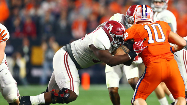 Jan 11, 2016; Glendale, AZ, USA; Alabama Crimson Tide offensive lineman Cam Robinson (74) against the Clemson Tigers in the 2016 CFP National Championship at University of Phoenix Stadium. Photo Credit: Mark J. Rebilas-USA TODAY Sports