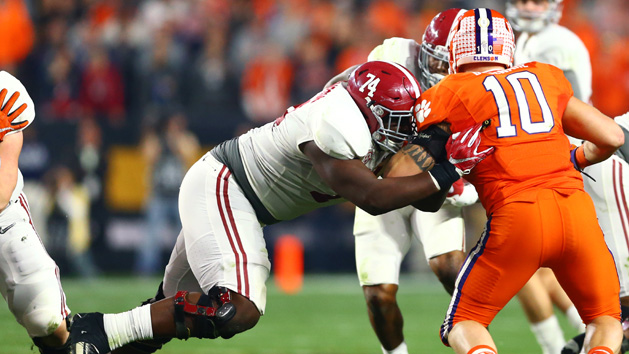 Jan 11, 2016; Glendale, AZ, USA; Alabama Crimson Tide offensive lineman Cam Robinson (74) against the Clemson Tigers in the 2016 CFP National Championship at University of Phoenix Stadium. Mandatory Credit: Mark J. Rebilas-USA TODAY Sports