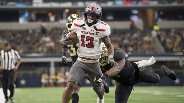 Nov 11, 2017; Arlington, TX, USA; Texas Tech Red Raiders wide receiver Cameron Batson (13) scores a touchdown against the Baylor Bears during the second half at AT&T Stadium. Photo Credit: Jerome Miron-USA TODAY Sports