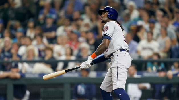 Sep 5, 2017; Seattle, WA, USA; Houston Astros center fielder Cameron Maybin (3) hits a two-run-homer against the Seattle Mariners during the seventh inning at Safeco Field. Photo Credit: Joe Nicholson-USA TODAY Sports