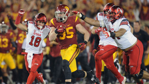 October 24, 2015; Los Angeles, CA, USA; Southern California Trojans linebacker Cameron Smith (35) runs the ball after intercepting the ball against the Utah Utes during the second half at Los Angeles Memorial Coliseum. Mandatory Credit: Gary A. Vasquez-USA TODAY Sports