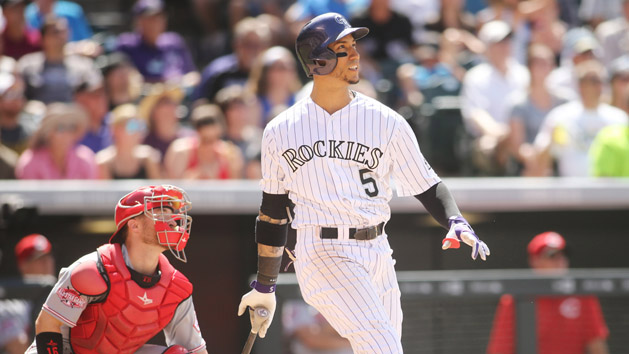 Jul 26, 2015; Denver, CO, USA; Colorado Rockies right fielder Carlos Gonzalez (5) hits a home run during the third inning against the Cincinnati Reds at Coors Field. Photo Credit: Chris Humphreys-USA TODAY Sports