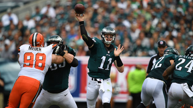 Sep 11, 2016; Philadelphia, PA, USA; Philadelphia Eagles quarterback Carson Wentz looks to pass in the second quarter against the Cleveland Browns at Lincoln Financial Field. Photo Credit: James Lang-USA TODAY Sports
