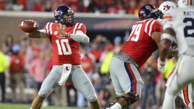 Oct 29, 2016; Oxford, MS, USA; Mississippi Rebels quarterback Chad Kelly (10) passes the ball during the first quarter of the game against the Auburn Tigers at Vaught-Hemingway Stadium. Photo Credit: Matt Bush-USA TODAY Sports