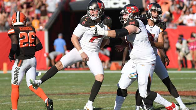 Oct 21, 2018; Tampa, FL, USA; Tampa Bay Buccaneers kicker Chandler Catanzaro (7) celebrates after making a game winning field goal against the Cleveland Browns at Raymond James Stadium. Photo Credit: Jonathan Dyer-USA TODAY Sports