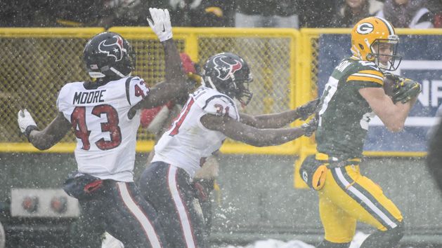 Dec 4, 2016; Green Bay, WI, USA; Green Bay Packers wide receiver Jordy Nelson (87) catches a touchdown pass against Houston Texans cornerback Charles James II (31) and safety Corey Moore (43) in the fourth quarter at Lambeau Field. Photo Credit: Benny Sieu-USA TODAY Sports