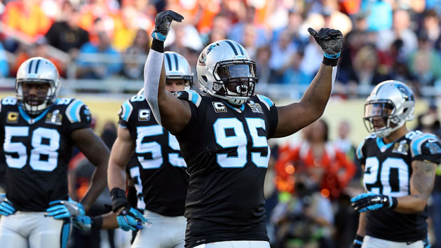 Feb 7, 2016; Santa Clara, CA, USA; Carolina Panthers defensive end Charles Johnson (95) reacts during the first quarter against the Denver Broncos in Super Bowl 50 at Levi's Stadium. Mandatory Credit: Matthew Emmons-USA TODAY Sports