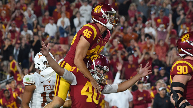 Sep 16, 2017; Los Angeles, CA, USA; USC Trojans punter Wyatt Schmidt (46) and place kicker Chase McGrath (40) celebrate after kicking the game winning field goal from 43 yards for a double overtime win against the Texas Longhorns at Los Angeles Memorial Coliseum. Photo Credit: Jayne Kamin-Oncea-USA TODAY Sports