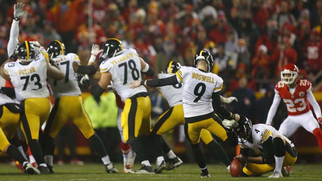 Jan 15, 2017; Kansas City, MO, USA; Pittsburgh Steelers kicker Chris Boswell (9) kicks during the second quarter against the Kansas City Chiefs in the AFC Divisional playoff game at Arrowhead Stadium. Photo Credit: Jay Biggerstaff-USA TODAY Sports