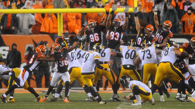 Jan 9, 2016; Cincinnati, OH, USA; Pittsburgh Steelers kicker Chris Boswell (9) kicks the game winning field goal during the fourth quarter against the Cincinnati Bengals in the AFC Wild Card playoff football game at Paul Brown Stadium. Mandatory Credit: Christopher Hanewinckel-USA TODAY Sports