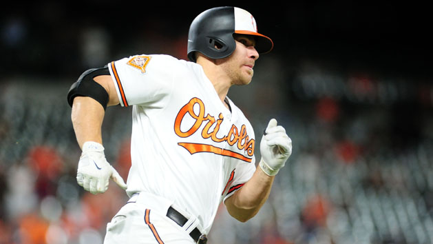 Aug 28, 2017; Baltimore, MD, USA; Baltimore Orioles first baseman Chris Davis (19) runs while hitting a double in the seventh inning against the Seattle Mariners at Oriole Park at Camden Yards. Photo Credit: Evan Habeeb-USA TODAY Sports