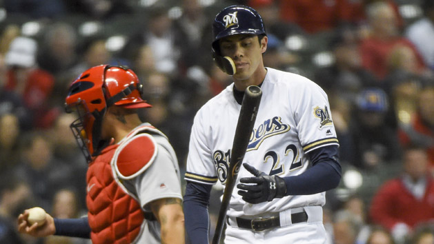 Apr 4, 2018; Milwaukee, WI, USA; Milwaukee Brewers center fielder Christian Yelich (22) reacts after striking out in the sixth inning during the game against the St. Louis Cardinals at Miller Park. Photo Credit: Benny Sieu-USA TODAY Sports