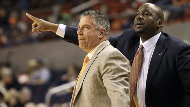 Feb 24, 2016; Auburn, AL, USA; Auburn Tigers head coach Bruce Pearl (left) and assistant coach Chuck Person direct the Tigers during the first half against the Georgia Bulldogs at Auburn Arena. Photo Credit: John Reed-USA TODAY Sports