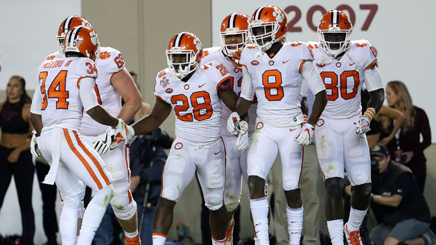 Sep 30, 2017; Blacksburg, VA, USA; Clemson Tigers running back Tavien Feaster (28) celebrates scoring a touchdown during the third quarter against the Virginia Tech Hokies at Lane Stadium. Photo Credit: Peter Casey-USA TODAY Sports
