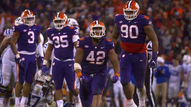 Nov 17, 2018; Clemson, SC, USA; Clemson Tigers defensive lineman Christian Wilkins (42) reacts after a play during the second half against the Duke Blue Devils at Clemson Memorial Stadium. Photo Credit: Joshua S. Kelly-USA TODAY Sports