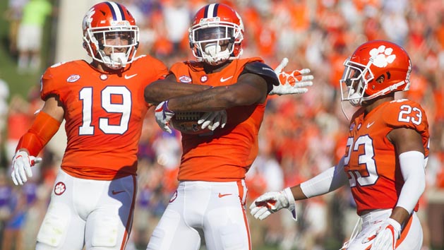 Sep 23, 2017; Clemson, SC, USA; Clemson Tigers cornerback Trayvon Mullen (1) celebrates after intercepting a ball during the first half against the Boston College Eagles at Clemson Memorial Stadium. Photo Credit: Joshua S. Kelly-USA TODAY Sports