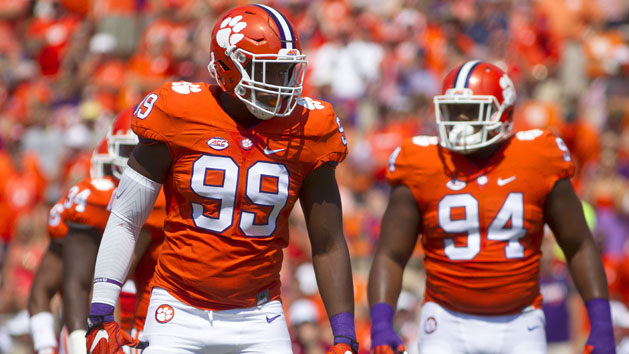 Sep 10, 2016; Clemson, SC, USA; Clemson Tigers defensive end Clelin Ferrell (99) reacts prior to the snap against the Troy Trojans during the first quarter at Clemson Memorial Stadium. Photo Credit: Joshua S. Kelly-USA TODAY Sports