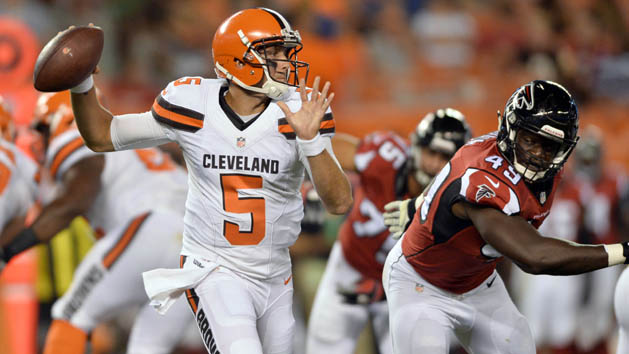 Aug 18, 2016; Cleveland, OH, USA; Cleveland Browns quarterback Cody Kessler (5) throws a pass against the Atlanta Falcons during the second half at FirstEnergy Stadium. The Falcons won 24-13. Photo Credit: Ken Blaze-USA TODAY Sports