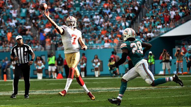 Nov 27, 2016; Miami Gardens, FL, USA; San Francisco 49ers quarterback Colin Kaepernick (7) throws a pass over Miami Dolphins cornerback Bobby McCain (28) during the second half at Hard Rock Stadium. The Dolphins won 31-24. Photo Credit: Steve Mitchell-USA TODAY Sports