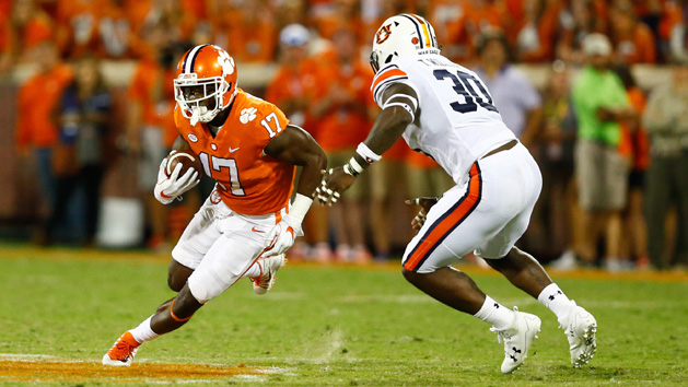 Sep 9, 2017; Clemson, SC, USA; Clemson Tigers wide receiver Cornell Powell (17) runs after a catch while Auburn Tigers linebacker Tre' Williams (30) pursues during the third quarter at Clemson Memorial Stadium. Photo Credit: Jeremy Brevard-USA TODAY Sports