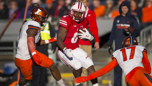 Nov 12, 2016; Madison, WI, USA; Wisconsin Badgers running back Corey Clement (6) rushes with the football as Illinois Fighting Illini defensive back Stanley Green (17) reaches out during the first quarter at Camp Randall Stadium. Photo Credit: Jeff Hanisch-USA TODAY Sports