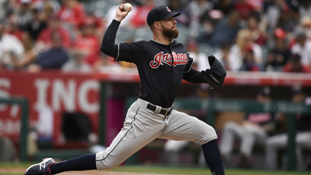 Apr 4, 2018; Anaheim, CA, USA; Cleveland Indians starting pitcher Corey Kluber (28) pitches during the first inning against the Los Angeles Angels at Angel Stadium of Anaheim. Photo Credit: Kelvin Kuo-USA TODAY Sports