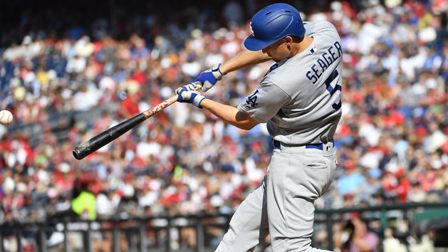 Jul 27, 2019; Washington, DC, USA; Los Angeles Dodgers shortstop Corey Seager (5) hits an RBI double during the fourth inning against the Washington Nationals at Nationals Park. Photo Credit: Brad Mills-USA TODAY Sports