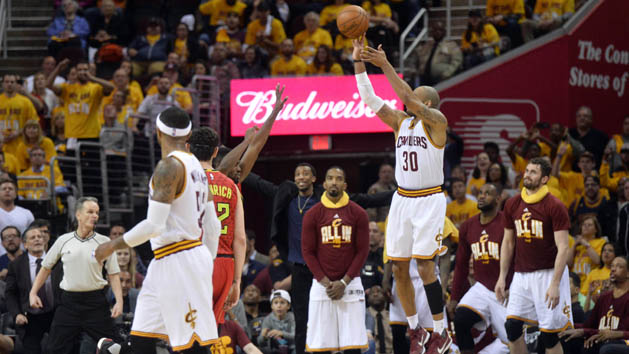 May 4, 2016; Cleveland, OH, USA; Cleveland Cavaliers guard Dahntay Jones (30) hits a record breaking three-pointer during the fourth quarter against the Atlanta Hawks in game two of the second round of the NBA Playoffs at Quicken Loans Arena. The Cavs won 123-98. Photo Credit: Ken Blaze-USA TODAY Sports
