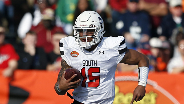 Jan 30, 2016; Mobile, AL, USA; South squad quarterback Dak Prescott of Mississippi State (15) scrambles for yardage during first half of the Senior Bowl at Ladd-Peebles Stadium. Mandatory Credit: Butch Dill-USA TODAY Sports