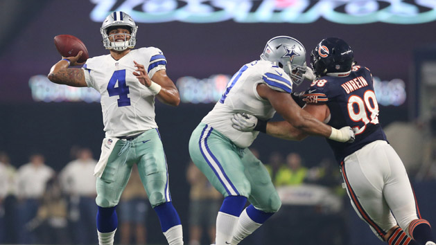 Sep 25, 2016; Arlington, TX, USA; Dallas Cowboys quarterback Dak Prescott (4) throws in the pocket against the Chicago Bears at AT&T Stadium. Photo Credit: Matthew Emmons-USA TODAY Sports