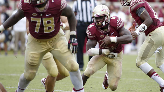 Sep 12, 2015; Tallahassee, FL, USA; Florida State Seminoles running back Dalvin Cook (4) runs the ball against South Florida Bulls at Doak Campbell Stadium. Florida State won 34-14. Mandatory Credit: Glenn Beil-USA TODAY Sports