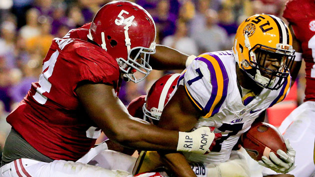 Nov 5, 2016; Baton Rouge, LA, USA; LSU Tigers running back Leonard Fournette (7) is tackled by Alabama Crimson Tide defensive lineman Dalvin Tomlinson (54) during the second half of a game at Tiger Stadium. Alabama defeated LSU 10-0. Photo Credit: Derick E. Hingle-USA TODAY Sports
