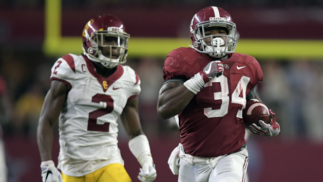 Sep 3, 2016; Arlington, TX, USA; Alabama Crimson Tide running back Damien Harris (34) runs past USC Trojans defensive back Adoree' Jackson (2) during the third quarter at AT&T Stadium. Photo Credit: Kirby Lee-USA TODAY Sports