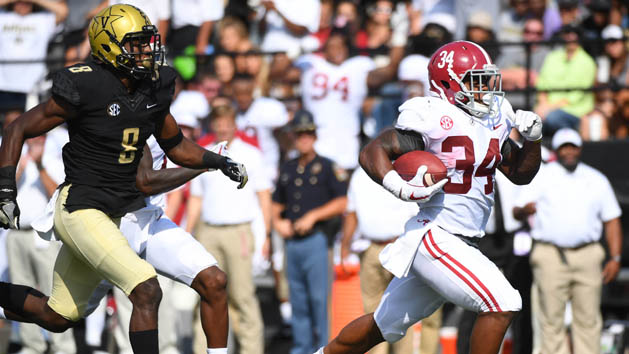 Sep 23, 2017; Nashville, TN, USA; Alabama Crimson Tide running back Damien Harris (34) runs for a touchdown during the first half against the Vanderbilt Commodores at Vanderbilt Stadium. Photo Credit: Christopher Hanewinckel-USA TODAY Sports