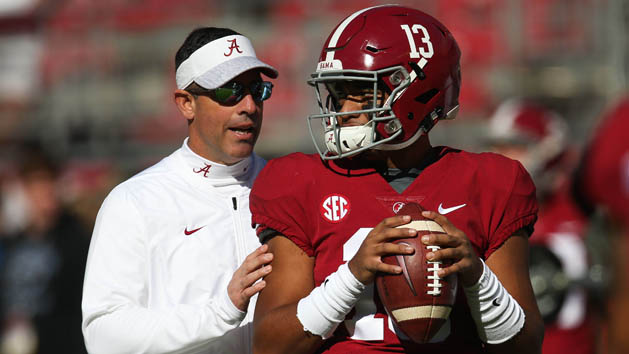 Nov 17, 2018; Tuscaloosa, AL, USA; Alabama Crimson Tide quarterback Tua Tagovailoa (13) talks to offensive coordinator Dan Enos prior to the game against Citadel Bulldogs at Bryant-Denny Stadium. Photo Credit: Marvin Gentry-USA TODAY Sports