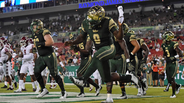 Sep 21, 2017; Tampa, FL, USA; South Florida Bulls quarterback Quinton Flowers (9) celebrates after scoring a touchdown against the Temple Owls during the first half at Raymond James Stadium. Photo Credit: Jasen Vinlove-USA TODAY Sports