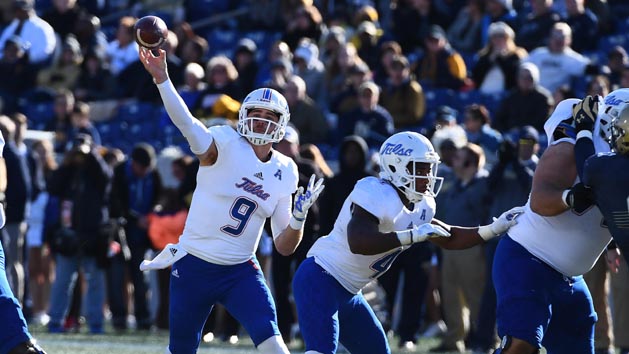 Nov 12, 2016; Annapolis, MD, USA; Tulsa Golden Hurricane quarterback Dane Evans (9) attempts a pass against the Navy Midshipmen during the second half at Navy Marine Corps Memorial Stadium. Photo Credit: Brad Mills-USA TODAY Sports