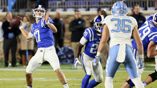 Nov 10, 2016; Durham, NC, USA; Duke Blue Devils quarterback Daniel Jones (17) throws to a receiver in the first half of their game against the North Carolina Tar Heels at Wallace Wade Stadium. Photo Credit: Mark Dolejs-USA TODAY Sports