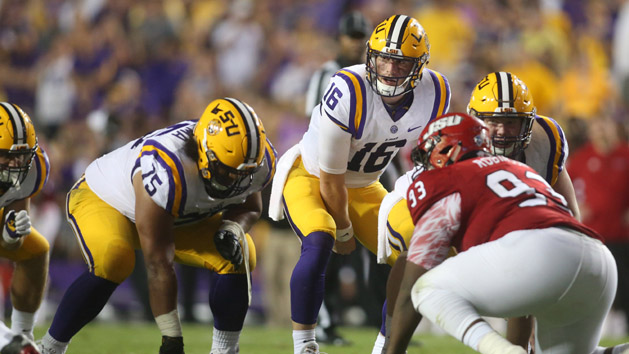Sep 10, 2016; Baton Rouge, LA, USA; LSU Tigers quarterback Danny Etling (16) prepares for the snap against the Jacksonville State Gamecocks during the second half at Tiger Stadium. LSU defeated Jacksonville State 34-13. Photo Credit: Crystal LoGiudice-USA TODAY Sports